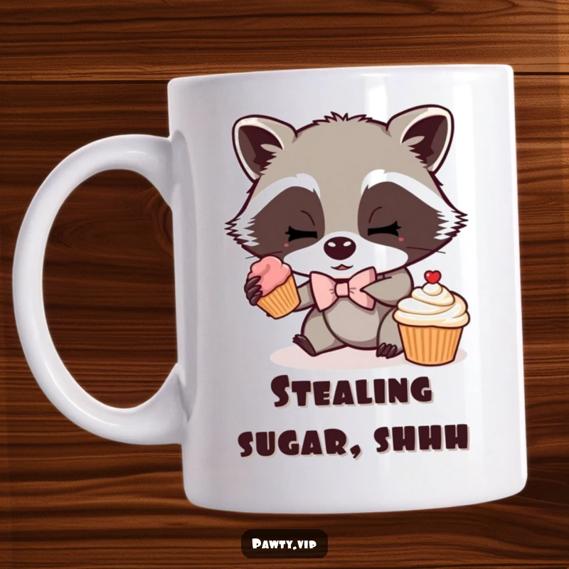 Funny mug depicting a mischievous raccoon in a tiny bow tie, stealthily sneaking a delicious cupcake, embodying playful naughtiness.