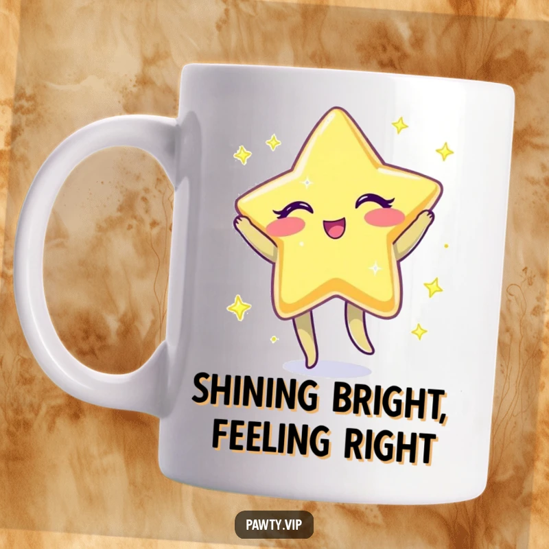 Funny Mug featuring a sparkly star character winking playfully and doing a little jig, radiating joy.
