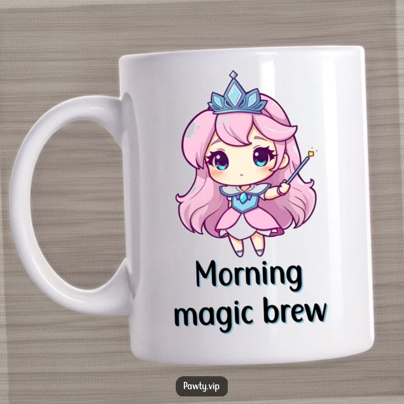 Funny tiara mug with a character wearing a sparkling tiara and waving a magic wand, spreading whimsical charm.