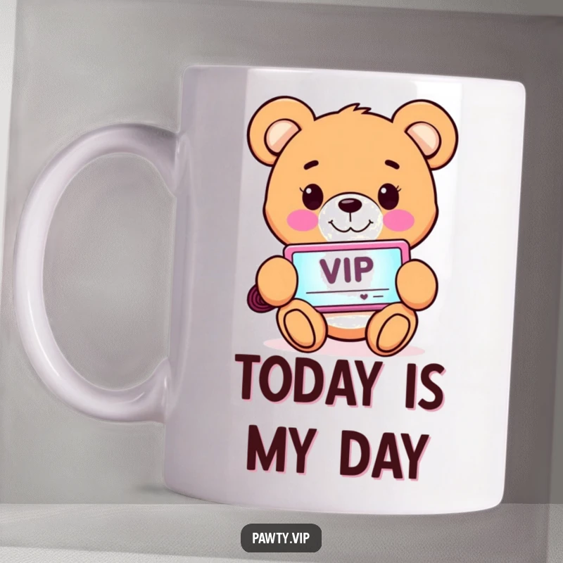Funny Mug featuring a smiling teddy bear character holding a bright, glowing VIP pass, radiating happiness.