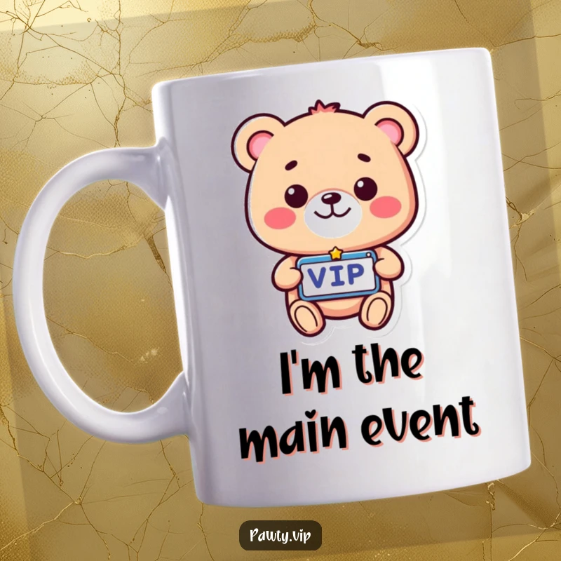Funny VIP Bear Mug featuring a beaming bear with a VIP pass, ready to party, a hilarious and unique gift.