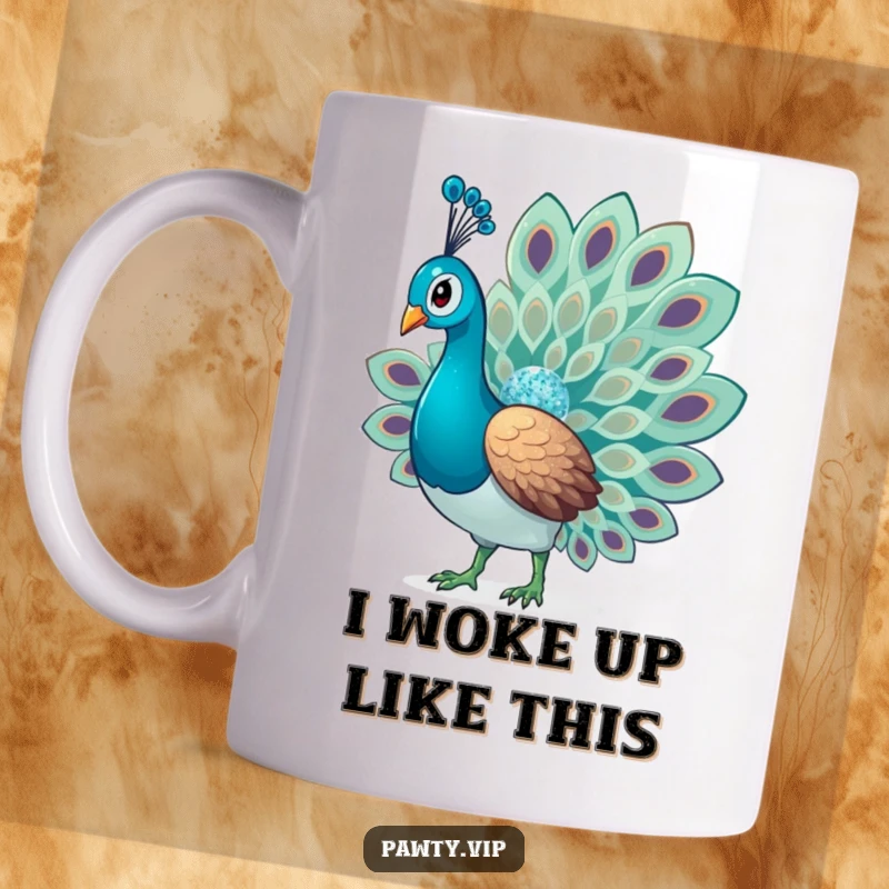 Funny Glitter Peacock Mug with a glamorous bird fanning its sparkling tail feathers, exuding confidence and sparkle.