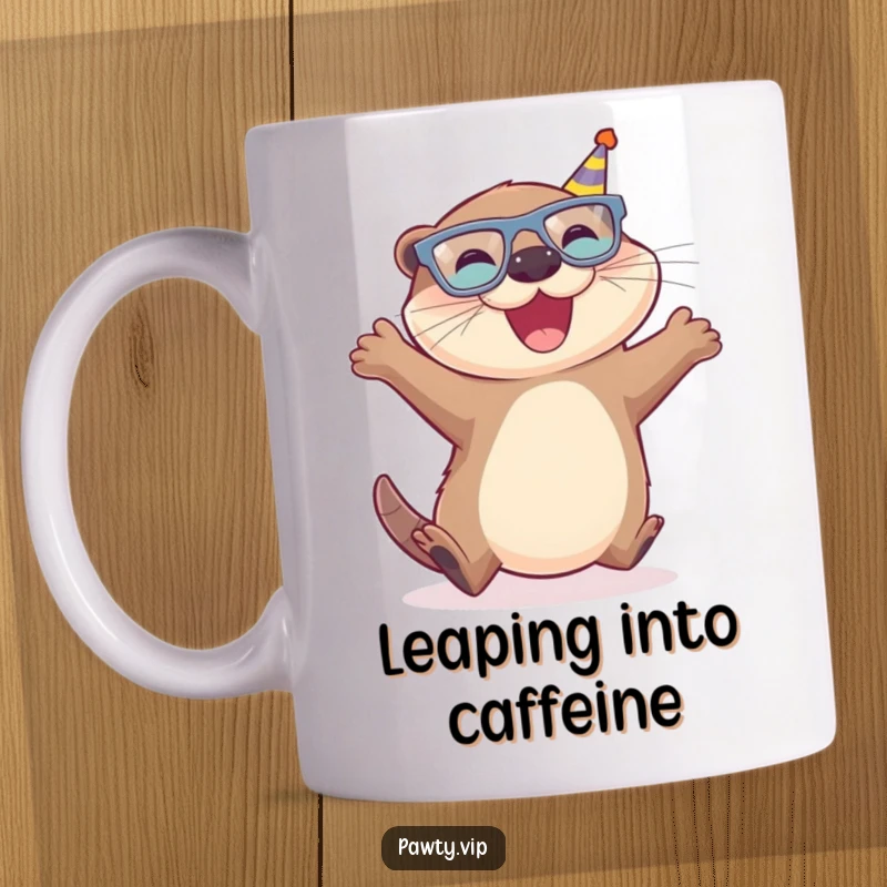 Funny Otter Mug featuring a joyful otter wearing tiny party glasses, leaping exuberantly in celebration.