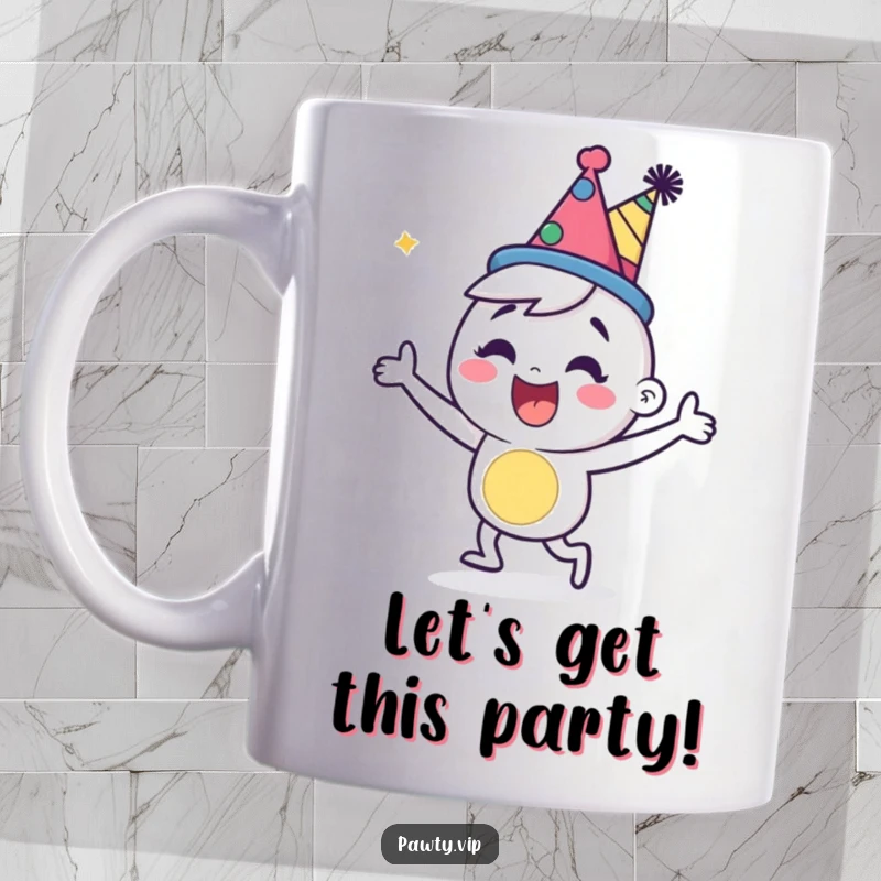 Funny cartoon character in a party hat, dancing energetically with joy on this celebratory mug.