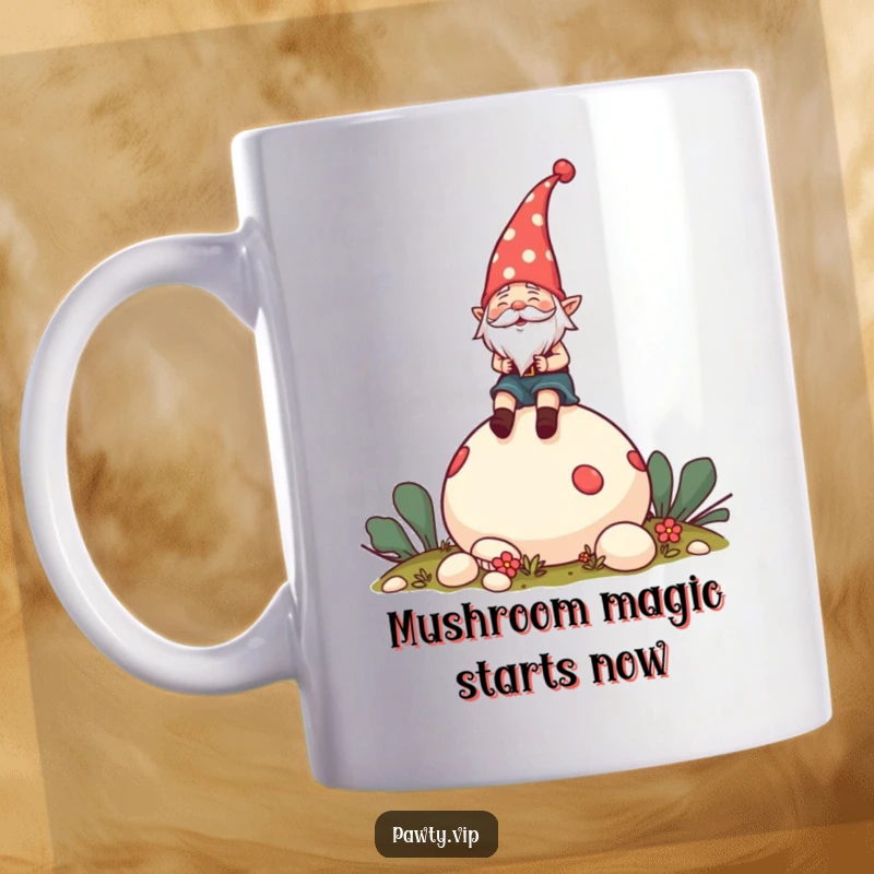 Funny Mug featuring a cheerful gnome wearing a party hat riding a giant mushroom with a joyful expression.
