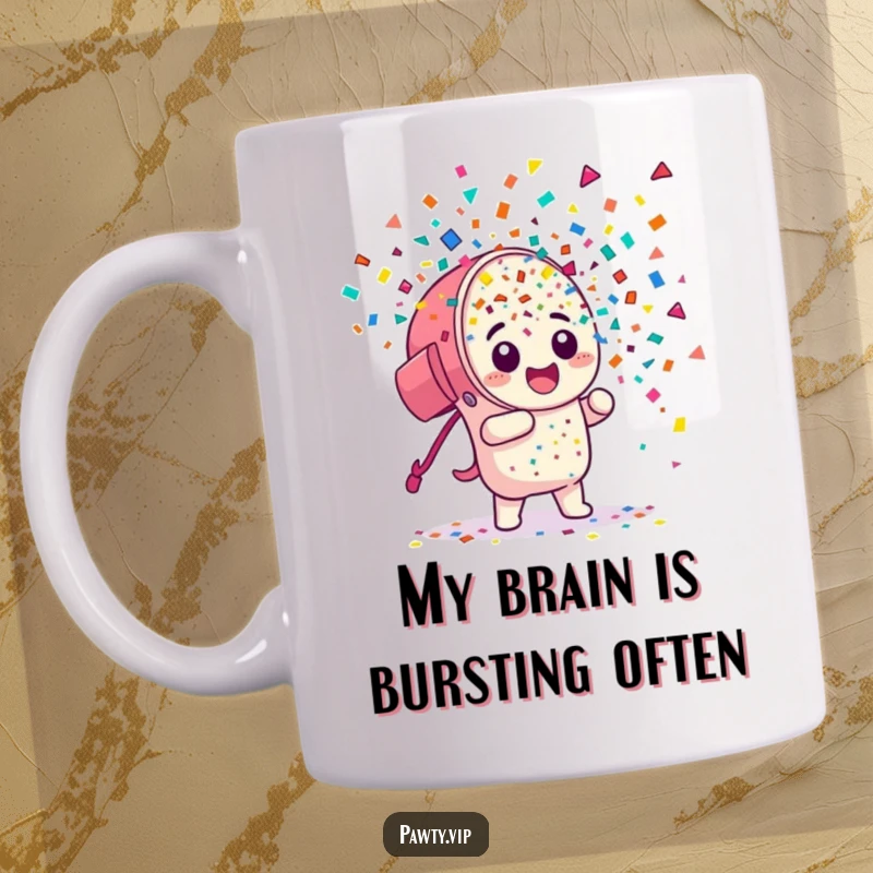 Funny Mug: A vibrant confetti cannon character erupting joyfully, showering colorful pieces, perfect for gifting.