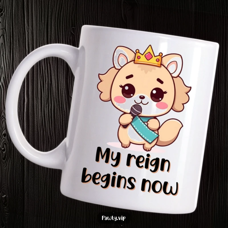 Funny kawaii animal character with a crown and sash, gripping a microphone, ready to perform on a funny mug.