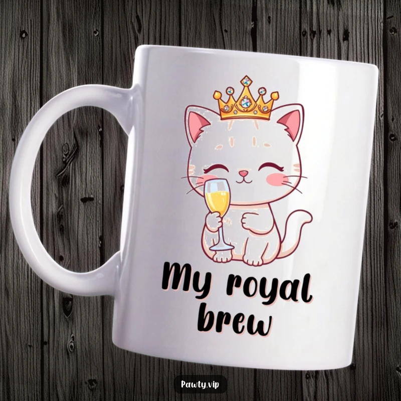 Funny Kawaii cat wearing a sparkling crown, holding a champagne flute, exuding an air of sophisticated fun on a coffee mug.