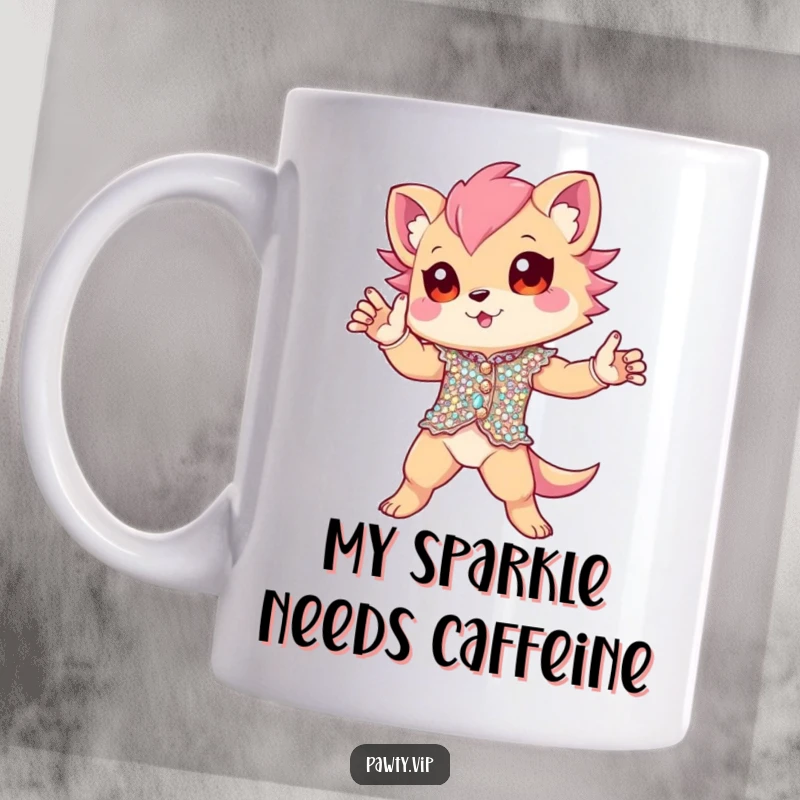 Funny Mug featuring a glamorous creature in a sequined outfit, striking a dramatic and sassy pose. Expressing diva energy with fantastic flair.