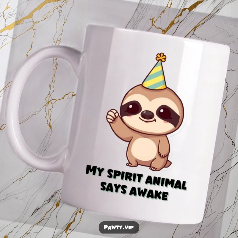 Funny Mug: Trendy sloth in a party hat, slowly pumps a tiny fist in celebration, embodying laid-back humor and slow-motion triumph.