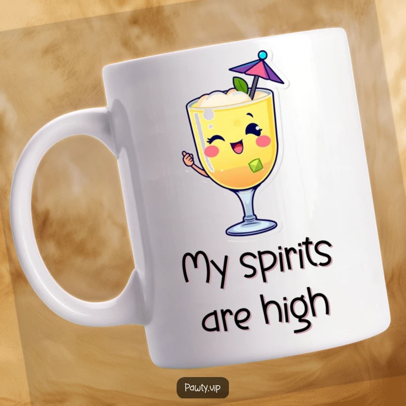Funny happy cocktail drink character mug winking playfully with a tiny umbrella, embodying festive cheer.
