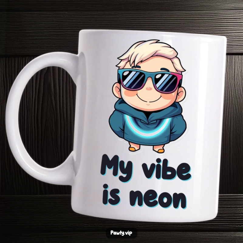 Funny mug with a smiling character in oversized sunglasses and a flashing neon necklace, ready for a wild night of fun.
