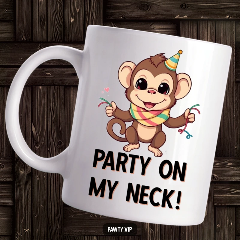 Funny monkey wearing a party streamer scarf, looking mischievous on a coffee mug, perfect for a funny gift.