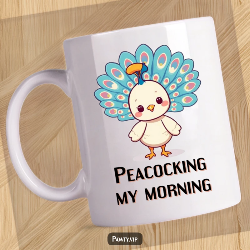Funny Kawaii peacock character smiling and fanning its vibrant, colorful tail feathers, a proud and beautiful mug.