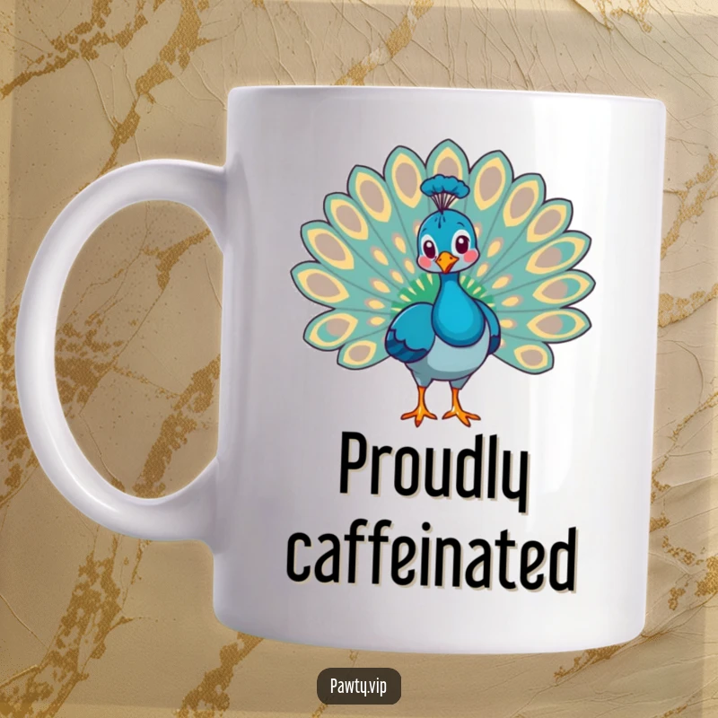 Funny proud peacock animal fanning out its vibrant tail feathers, depicted on a mug.