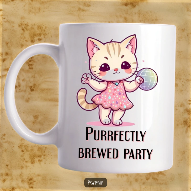 Funny cat character in a sequined dress dancing with a disco ball on a mug, embodying nightlife glamour and feline sass.
