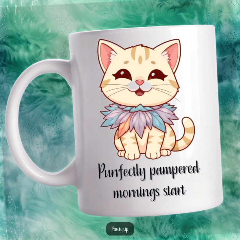 Funny mug featuring a giggling cat character humorously draped in a flamboyant feather boa necklace, radiating pure joy.