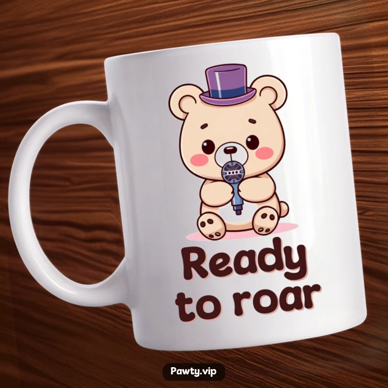 Funny Kawaii bear wearing a tiny top hat, holding a microphone, ready to perform on a mug.