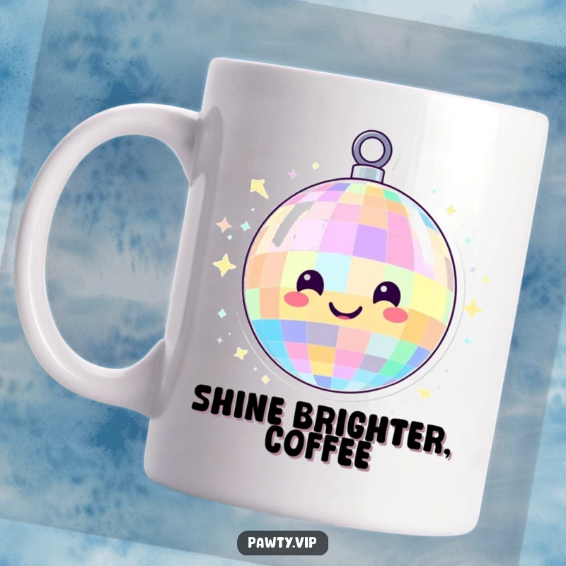 Funny disco ball character with a smiling face, spinning energetically with colorful lights, on a mug, radiating pure party and dance floor joy.