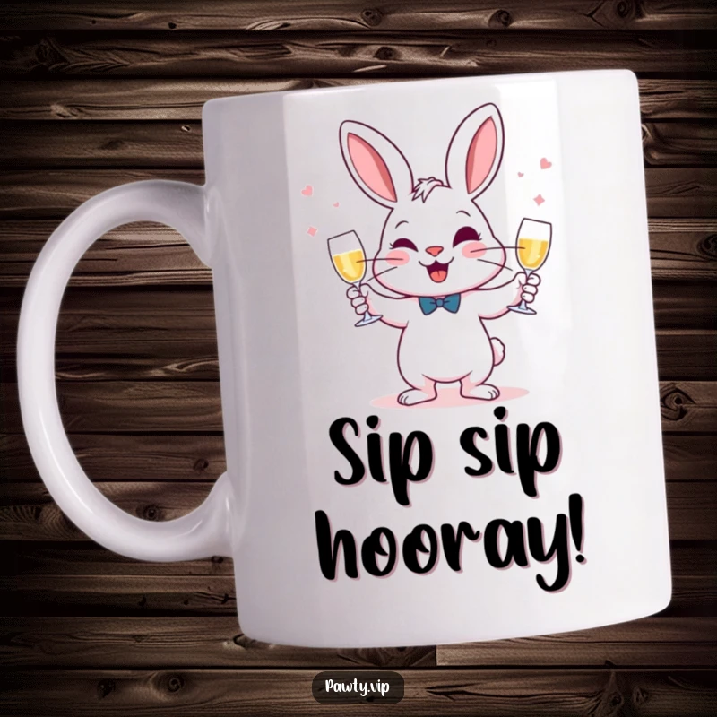 Funny Juggling Rabbit Mug featuring a rabbit merrily juggling champagne glasses with a mischievous grin, celebrating with humor.