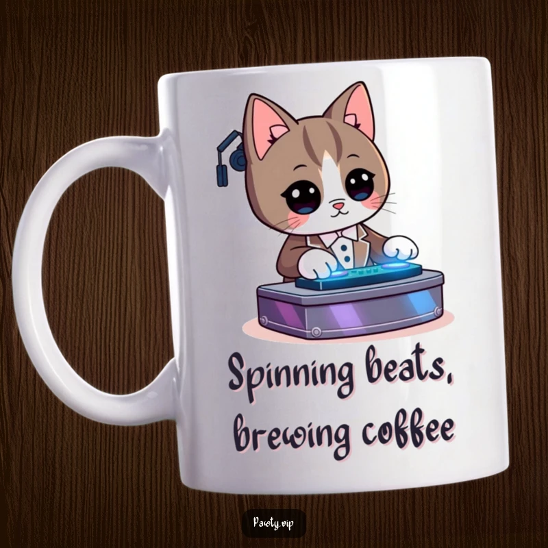 Funny Kawaii tuxedo cat character DJing with headphones, glowing lights, and turntables, a cool gift.