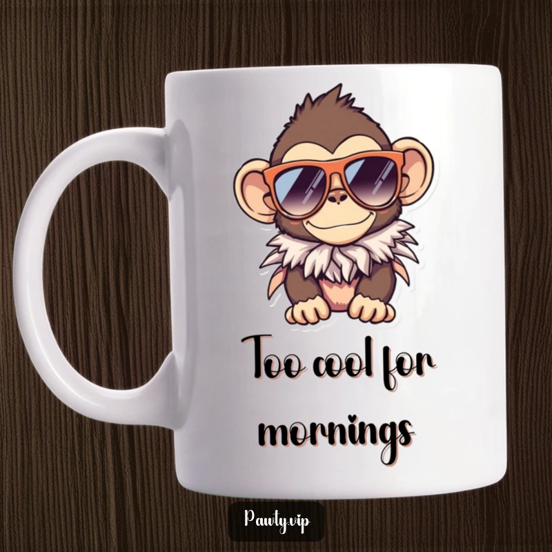 Funny monkey mug, a cool monkey wearing large sunglasses and a colorful feather boa, looking sassy.