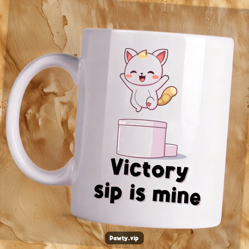 Funny kawaii animal character triumphantly leaping onto a podium, striking a dramatic pose on a funny mug.