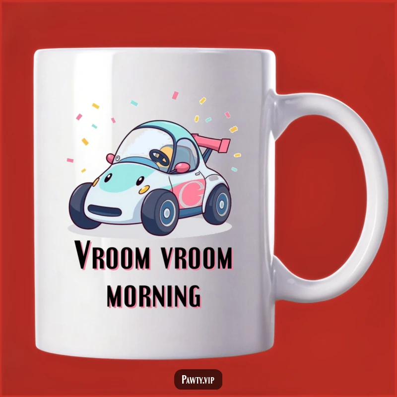 Funny Race Car Confetti Mug: Speedy car with streamers, the perfect funny gift for speed enthusiasts.