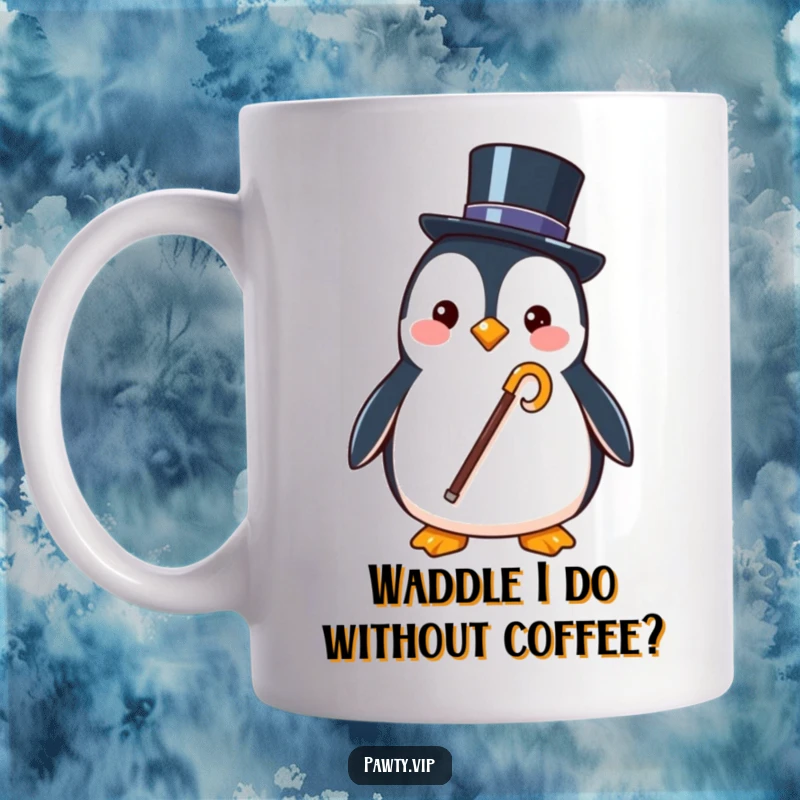 Funny mug displaying a stylish penguin character elegantly holding a tiny top hat and cane, exuding dapper charm.