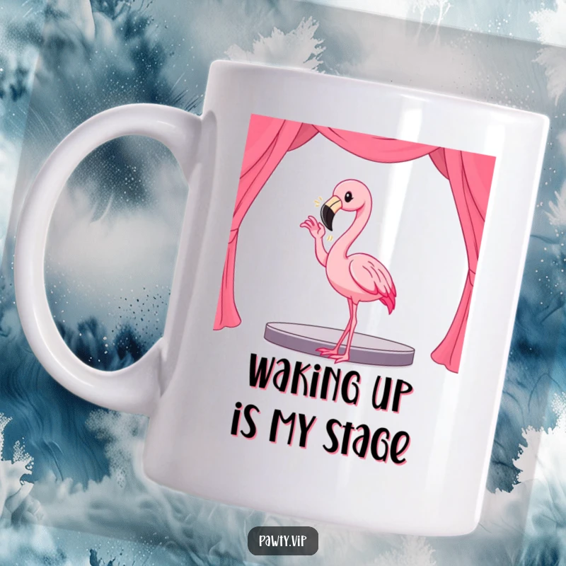 Funny Kawaii flamingo character in a dramatic pose on a small stage, a diva-worthy mug design.