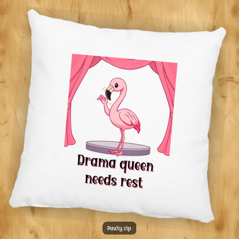 Funny Kawaii flamingo character in a dramatic pose, depicted as a soft pillow for stage lovers.