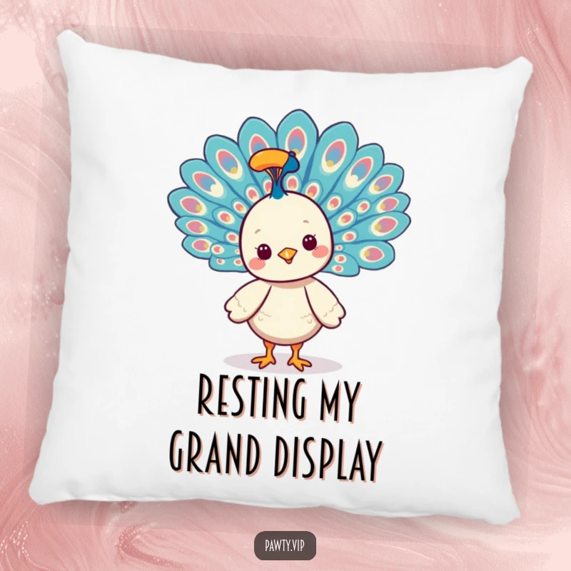 Funny Kawaii peacock character fanning its vibrant tail feathers on a pillow, bringing comfort and style.