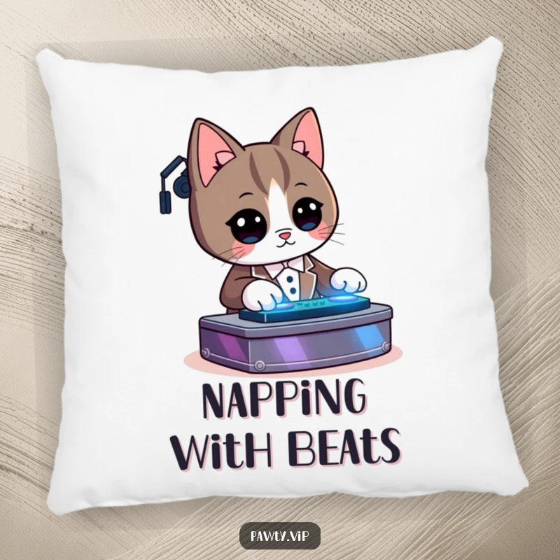 Funny Kawaii tuxedo cat character DJing, depicted as a soft and comforting pillow for music lovers.