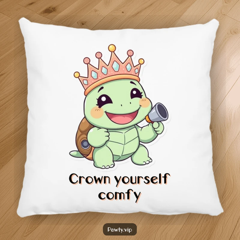 A giggling turtle wearing a glittery crown and holding a noisemaker, featured on a soft pillow, funny gift.