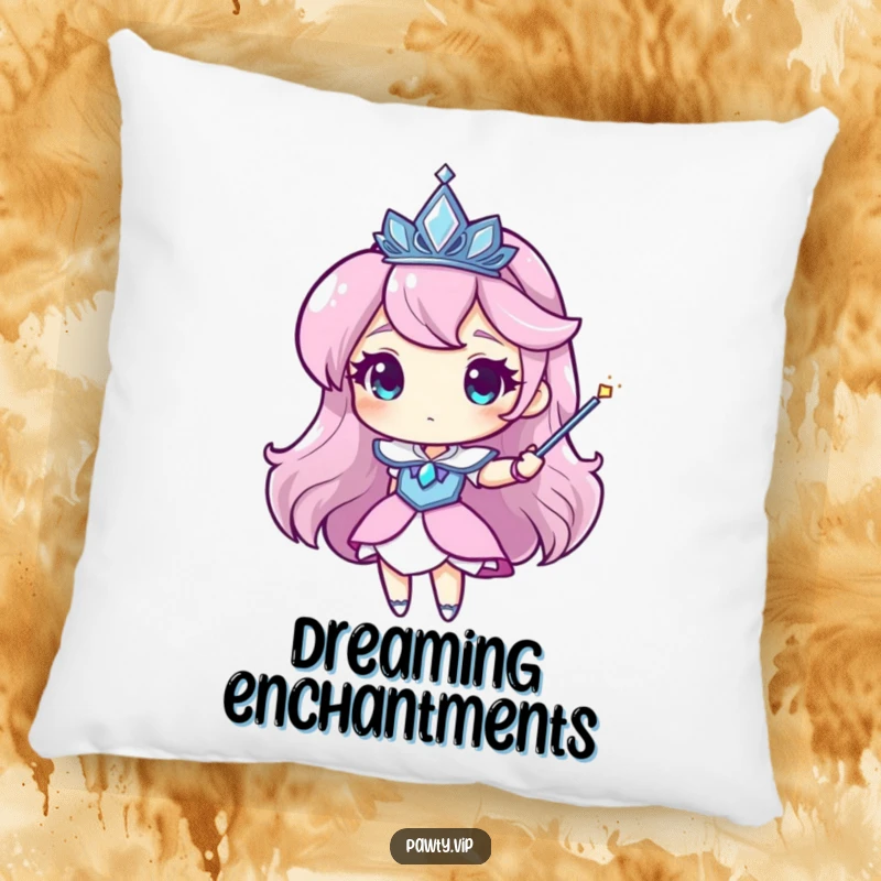 Funny tiara pillow with a character wearing a sparkling tiara and waving a magic wand, perfect for cozy enchantment.
