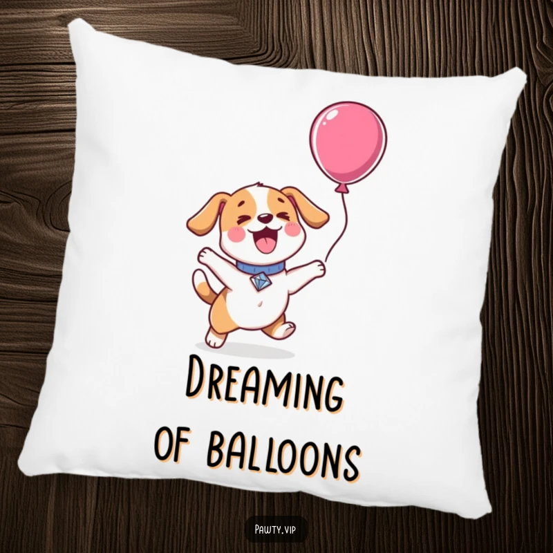 Funny Kawaii dog wearing a diamond collar, jumping for a balloon, designed as a soft and huggable decorative pillow.