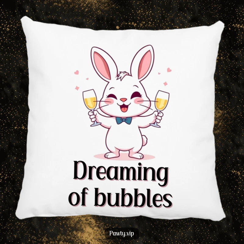 Funny Juggling Rabbit Pillow featuring a rabbit juggling champagne glasses with a mischievous smile, offering plush celebration.