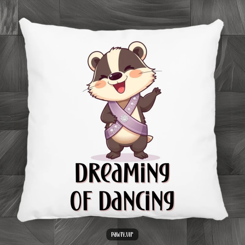 Funny Pillow: A soft pillow showcasing a giggling badger in a sparkly sash doing a silly dance, perfect for cozy, cheerful moments.