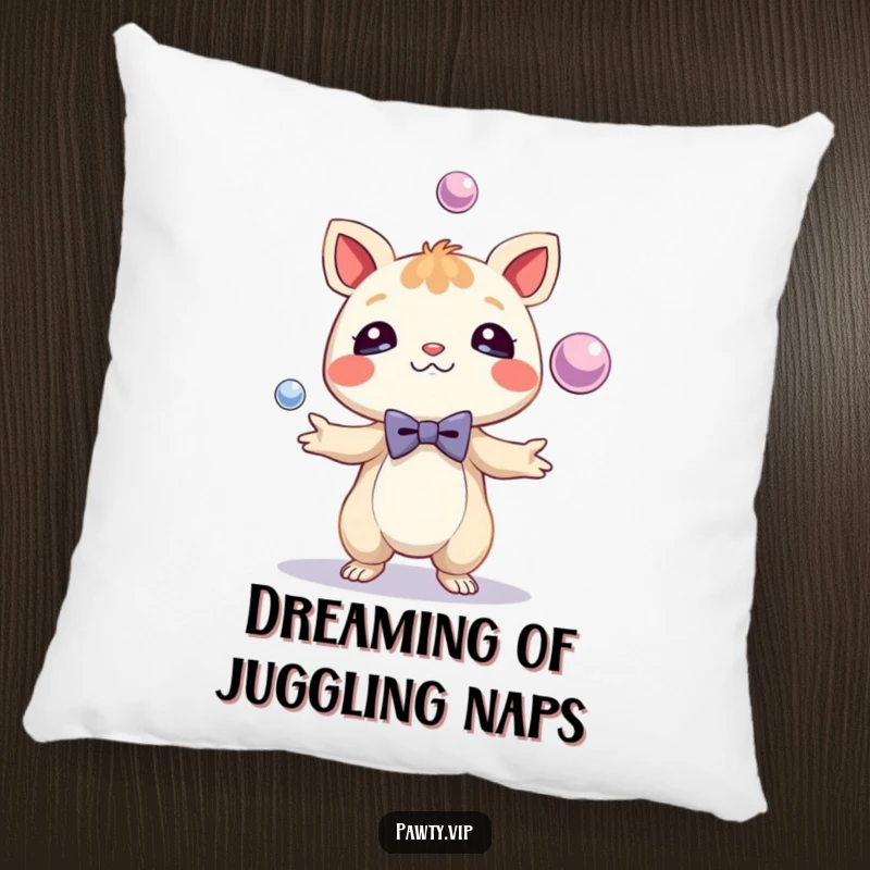 Funny Pillow showcasing a creature in a smart bow tie, juggling shiny spheres. Plush decor for a touch of dapper humor.