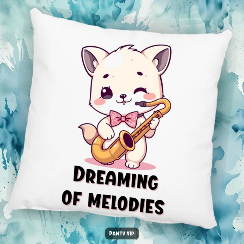 Funny kawaii animal character in a sparkly bowtie playing a saxophone, ready for a nap on a funny pillow.