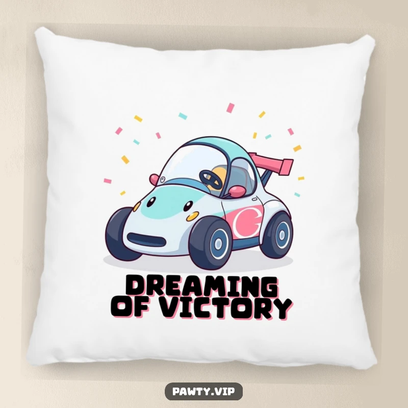 Funny race car pillow character with confetti streamers, soft, decorative, and full of racing joy.