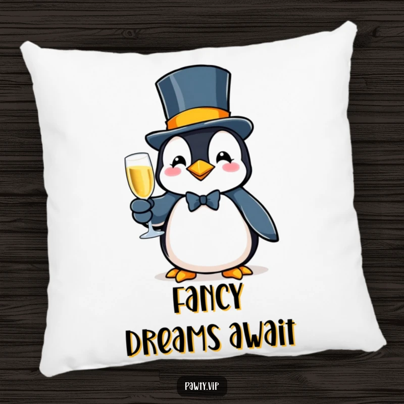 Fancy penguin character in a top hat, toasting with bubbly, a soft and humorous pillow for elegant decor.