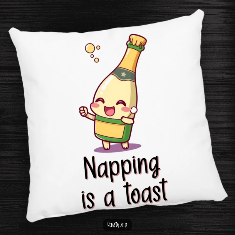 Funny champagne bottle character popping its cork with a joyful expression, on a soft pillow, offering comfort and a touch of festive cheer.