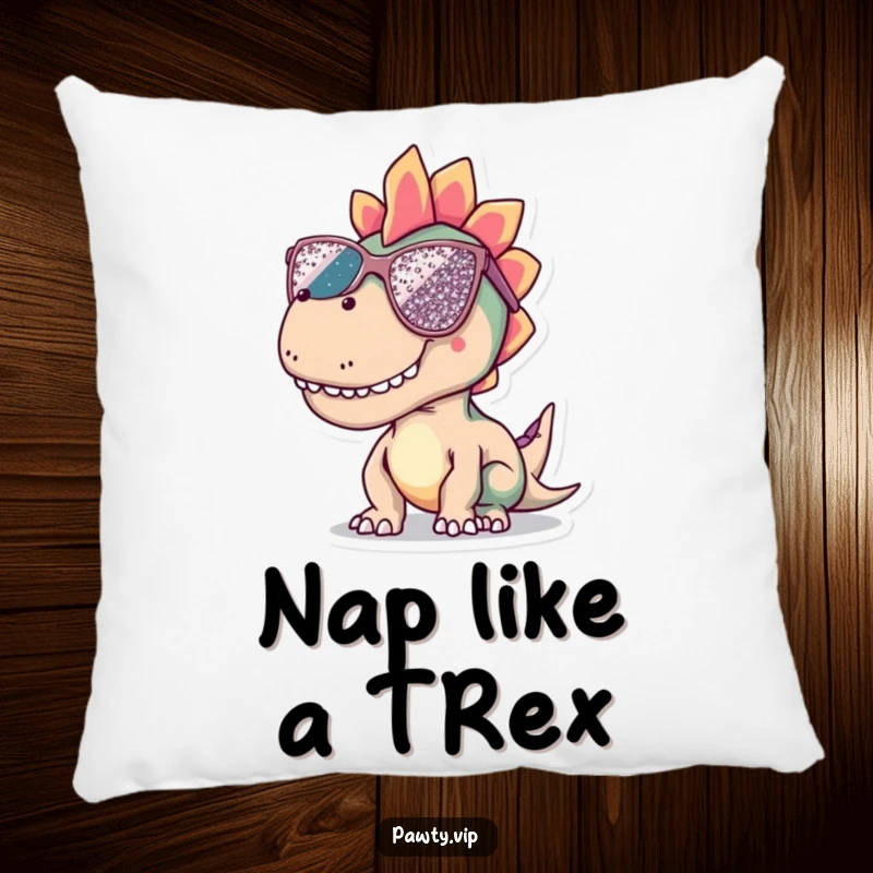 Funny dinosaur pillow character wearing oversized, sequined sunglasses, soft, decorative, and full of attitude.