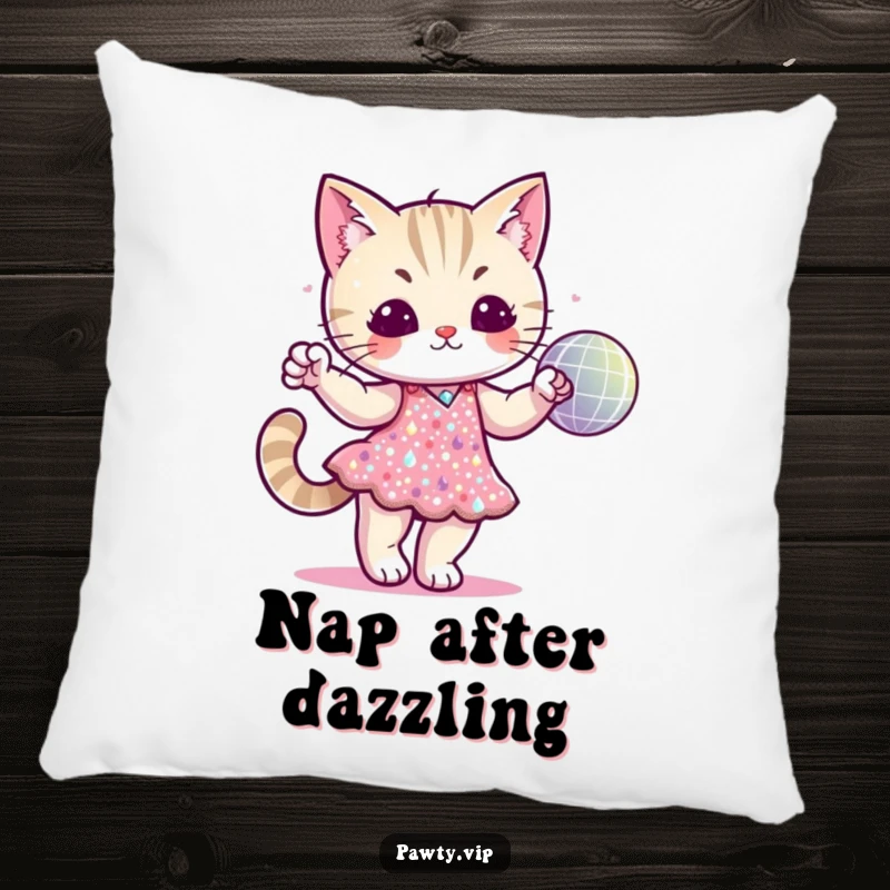 Funny cat character in a sequined dress dancing with a disco ball on a pillow, offering cozy and glamorous decor.
