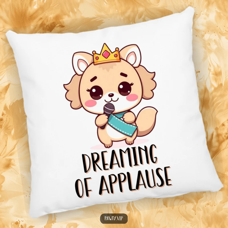 Funny kawaii animal character, crowned and sashed, holding a microphone, ready to sing, on a soft funny pillow.