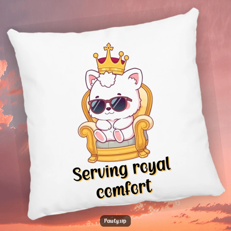 Funny kawaii animal wearing crown and sunglasses on a miniature throne, a soft and funny pillow.