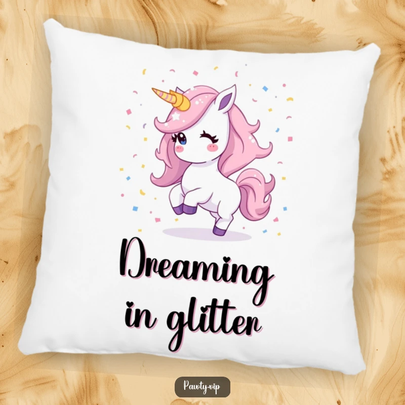 Funny Kawaii unicorn pillow featuring a shimmering mane in a joyful dancing pose amidst a flurry of confetti, bringing whimsical comfort.
