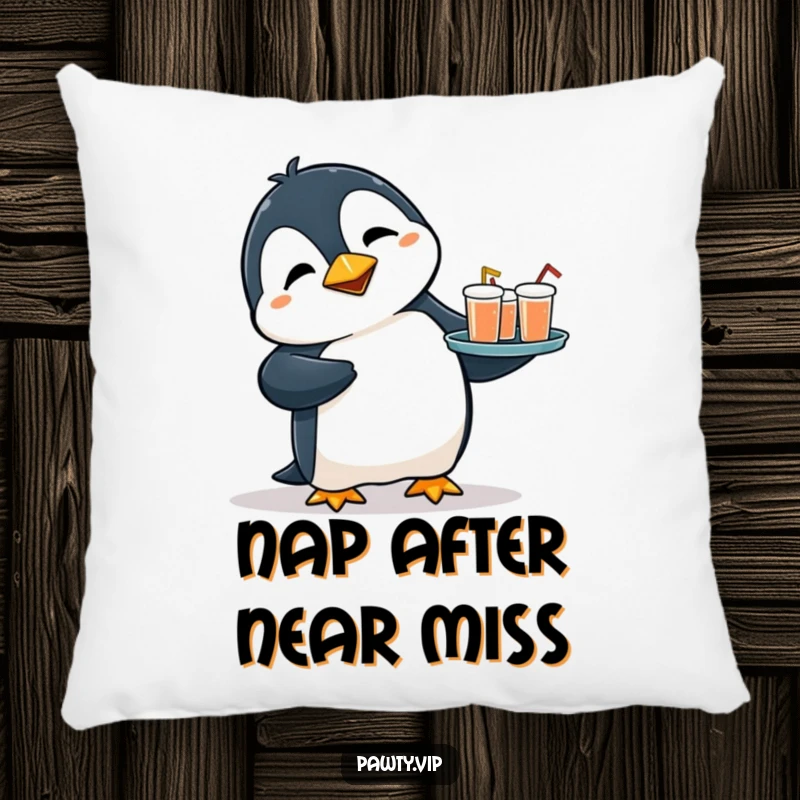 Funny pillow featuring a flustered penguin tripping slightly while holding a tray of drinks, designed for comfort and a touch of relatable humor.