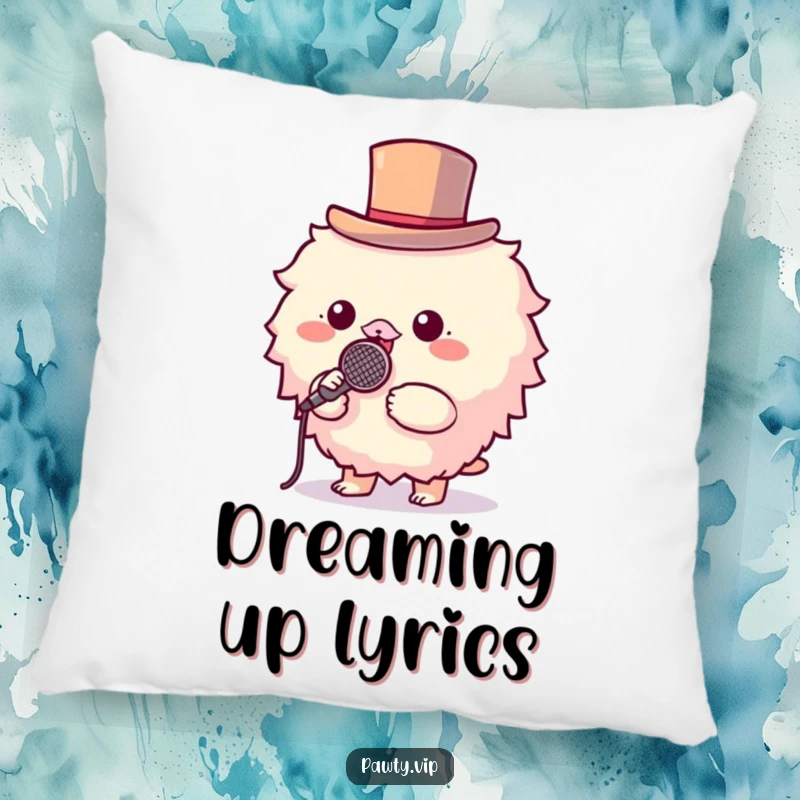 Funny pillow featuring a fluffy creature in a top hat holding a microphone, ready for a stage nap.
